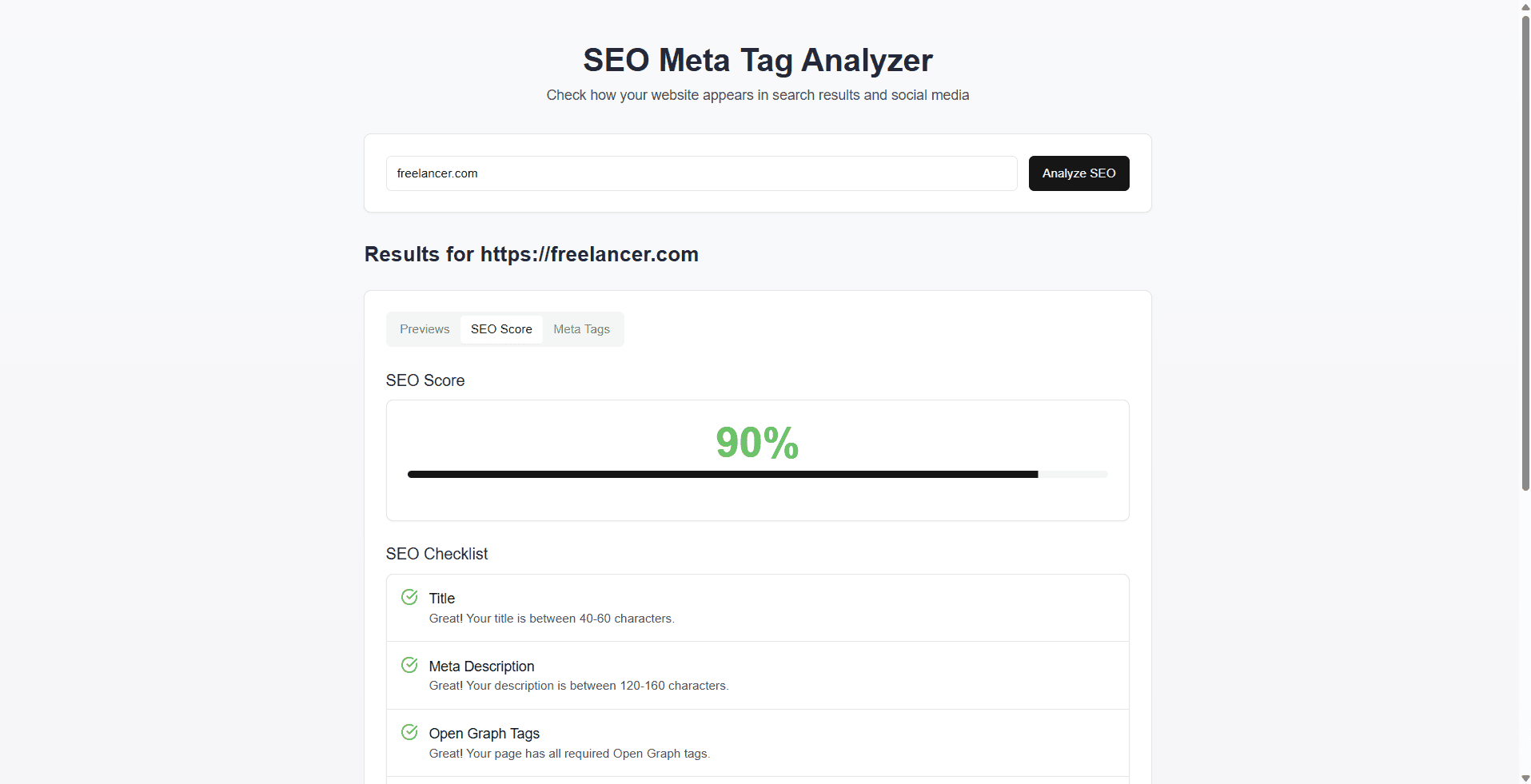 The SEO Meta Tag Analyzer showing a 90% score and a checklist for a sample site